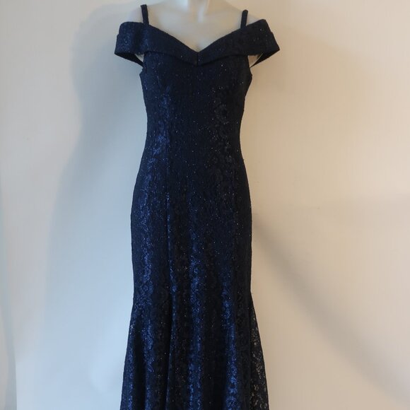 NWT Women R&M Richards Blue Lace Off the Shoulder Shimmer Mermaid Gown Dress 10P - Picture 2 of 14